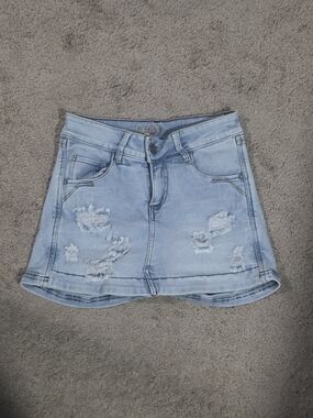 Light Blue Distressed Denim Mini Skirt - Unbranded